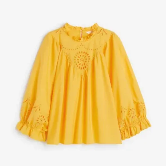 Ladies - Yellow Broderie anglaise cotton blouse - Size: L - H&M